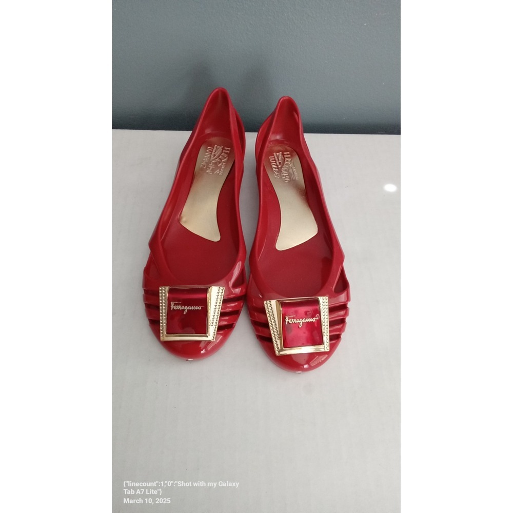 Ferragamo Jelly Flats Red Gold Buckle‎ Designer Shoes